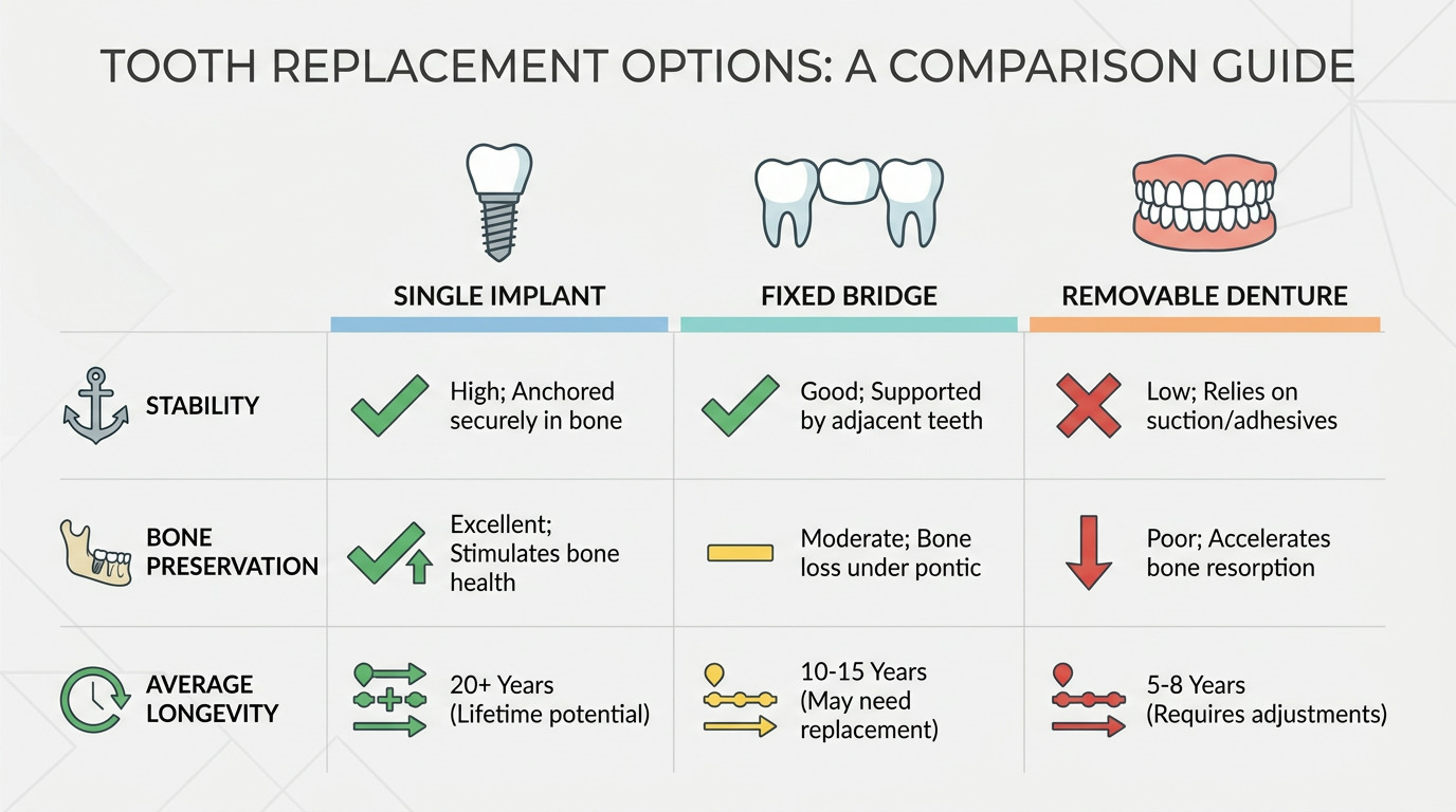 An infographic compares single dental implants, fixed bridges, and removable dentures based on stability, bone preservation, and average longevity.