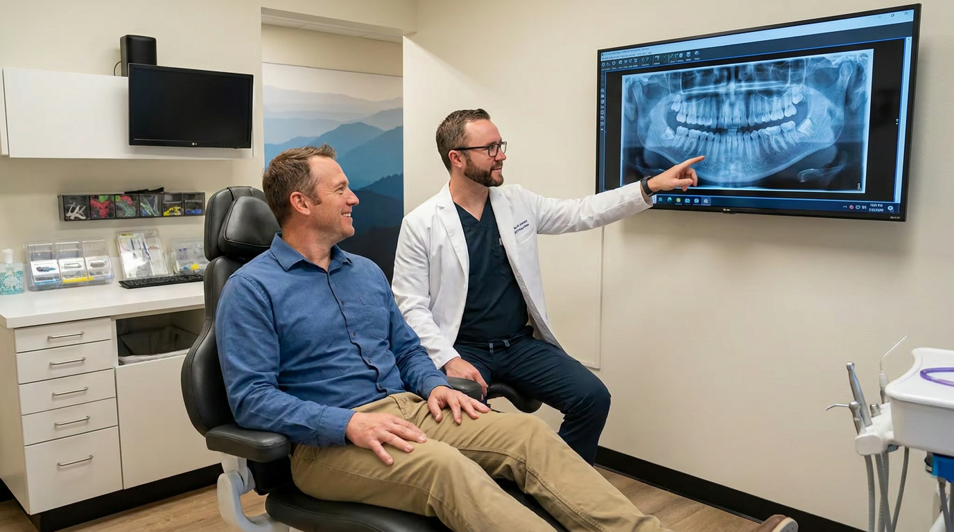 Dr. Alex Anderson in a white coat points at a panoramic dental X-ray on a wall monitor while speaking with Jacob seated in an exam chair.