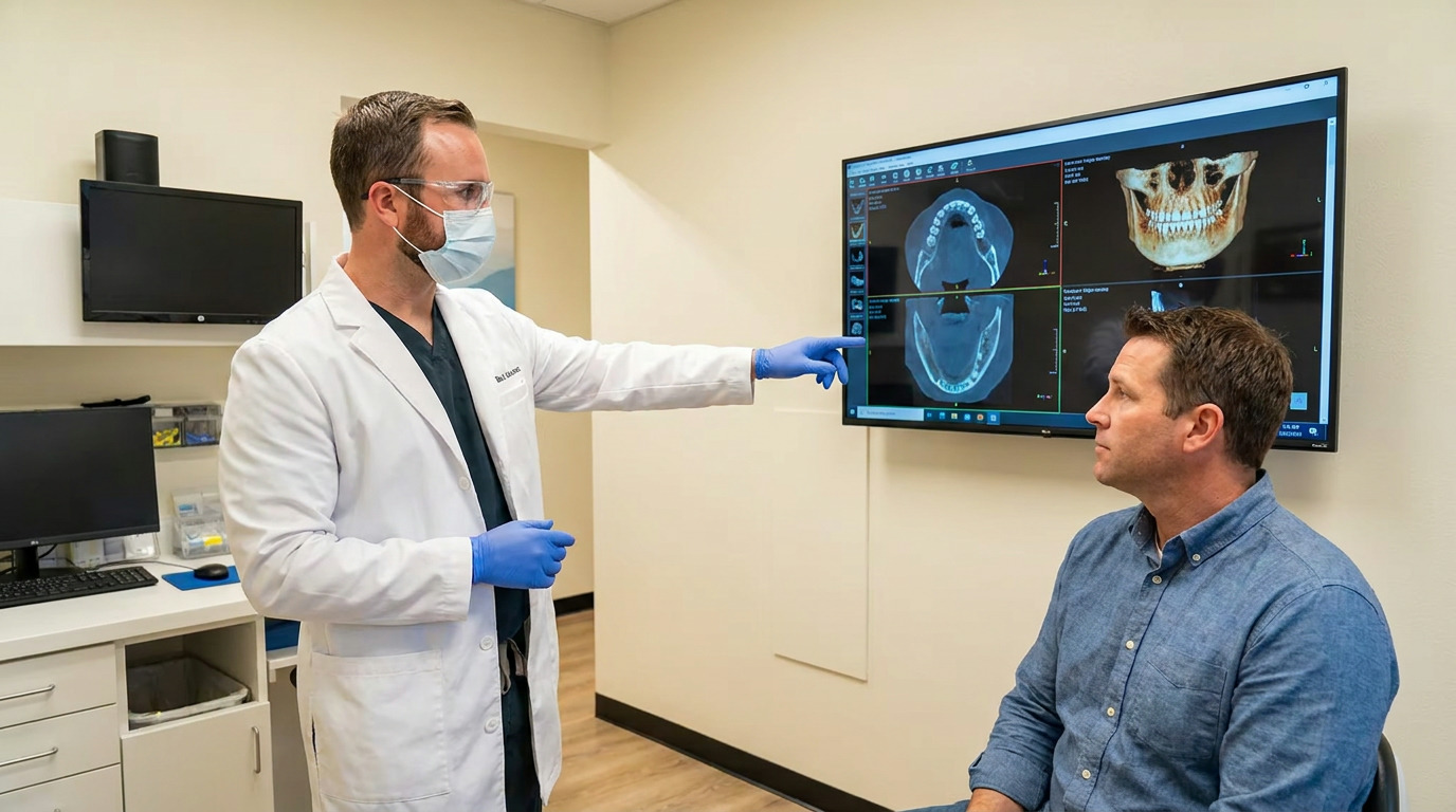 Alex, wearing a white lab coat, mask, and blue gloves, points to 3D dental scans on a wall-mounted monitor while Jacob listens in a bright consultation room.