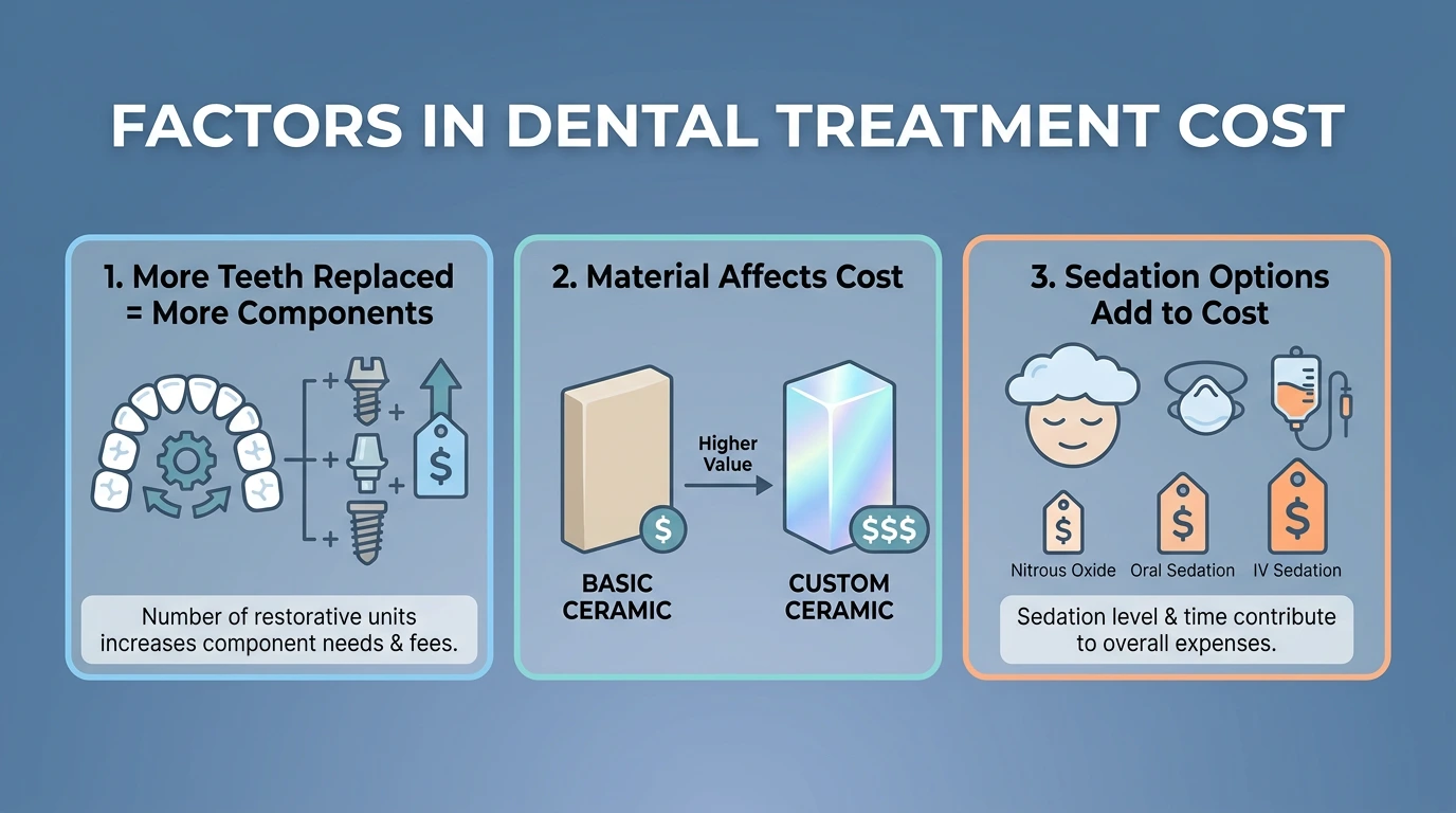 Three-panel graphic outlines factors in dental treatment cost, highlighting replaced teeth and implant components, basic versus custom ceramic materials, and sedation options.