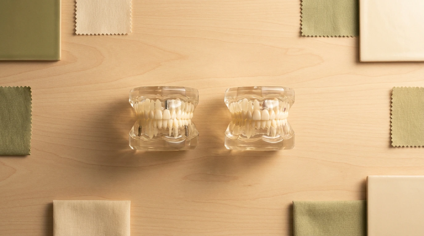 Two transparent dental study models rest on a light wood surface, framed by muted green and beige fabric swatches and square tiles.