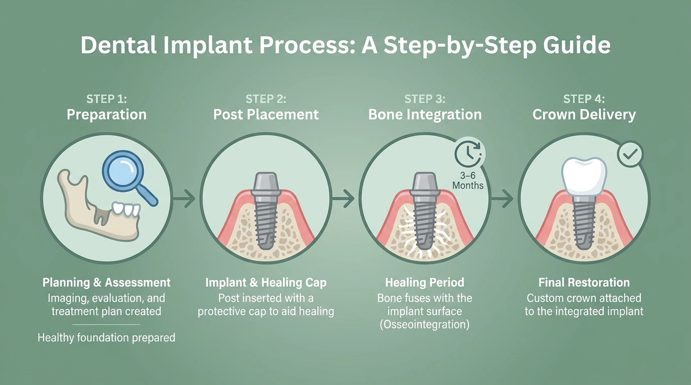 A four-step dental implant journey infographic illustrates the stages of preparation, post placement, bone integration, and final crown delivery on a sage-green background.