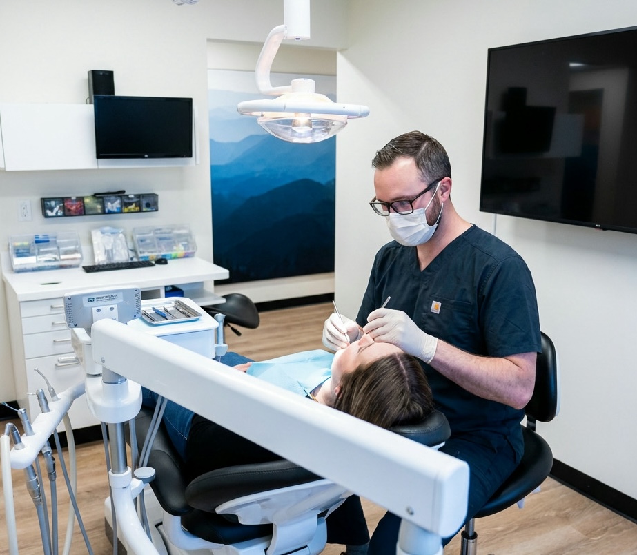 Dr. Anderson performs an emergency dental procedure on a patient in a well-lit treatment room.