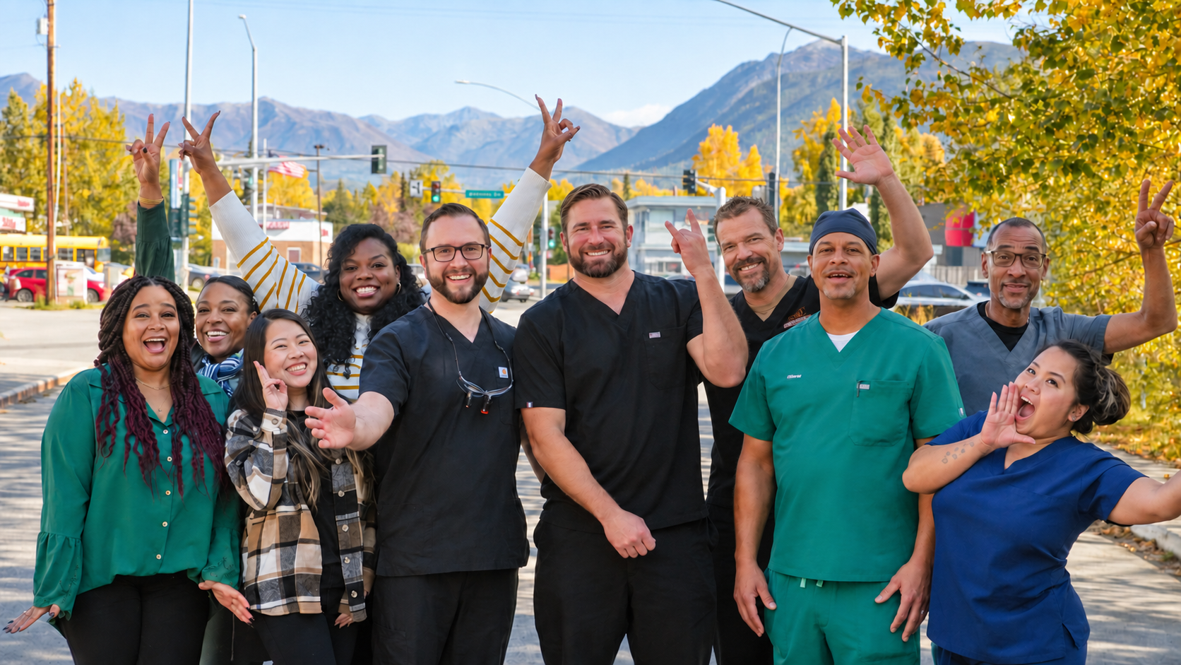 Diverse dental team smiling and posing outdoors with colorful autumn trees and mountains in the background.