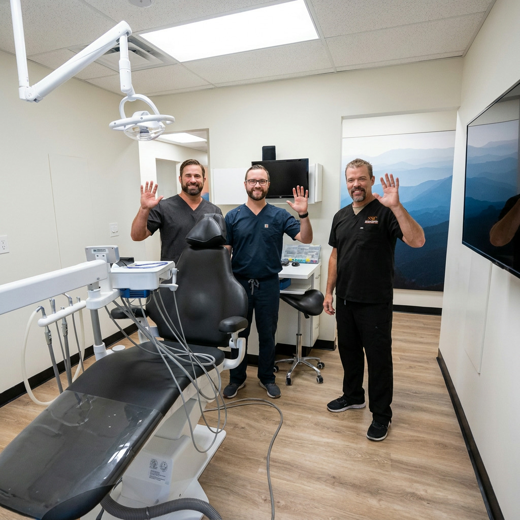Three smiling dentists, Dr. Curtis, Dr. Anderson, and Dr. Brimhall, wave in a modern dental treatment room.