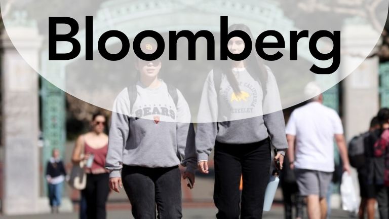 Bloomburg logo with Students walking to class