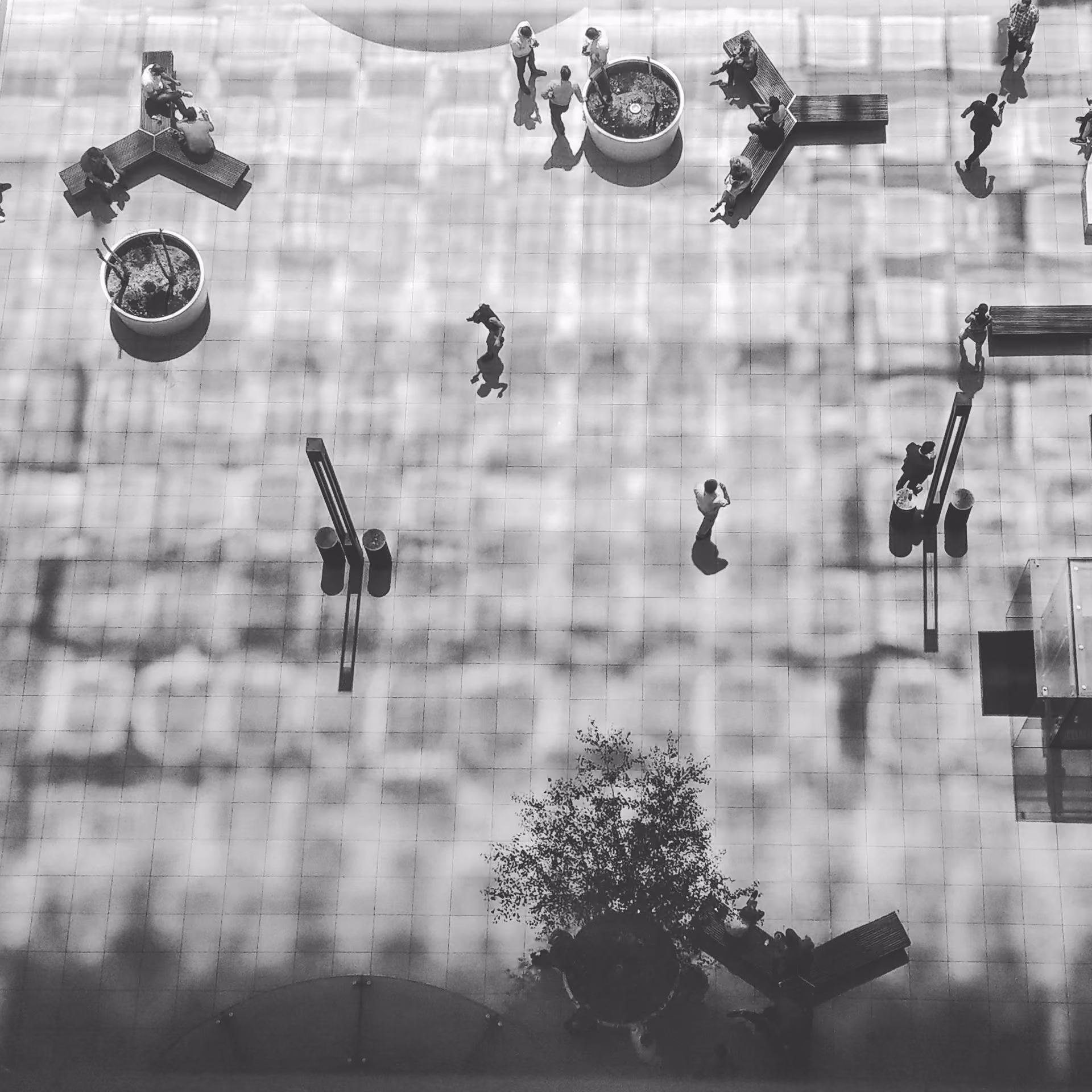 Vista aérea en blanco y negro de personas moviéndose y descansando en una plaza pública. Ilustra la segmentación y el análisis de comportamiento de la audiencia.