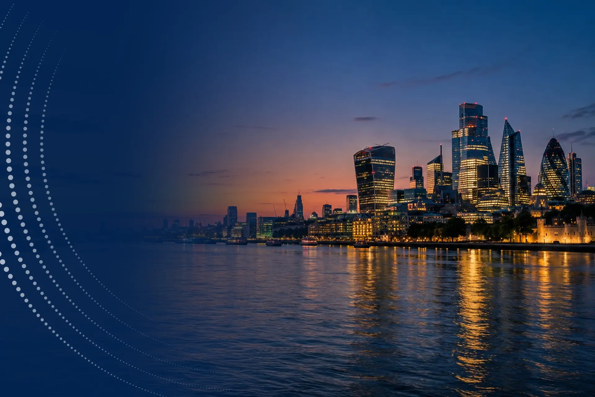 The City of London skyline at dusk, reflected in the Thames.