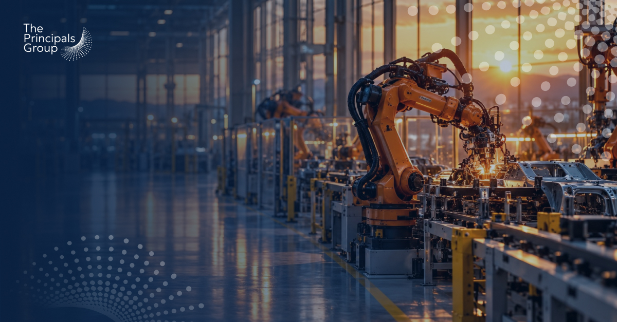 Industrial robots on a factory assembly line at sunset.