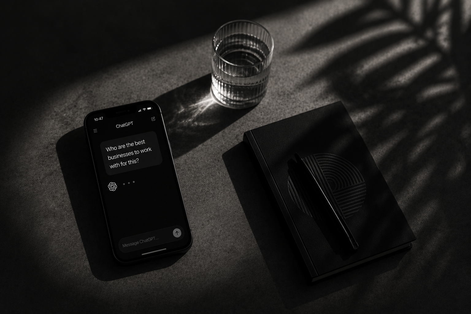 Phone, notebook and glass on a desk in dramatic light