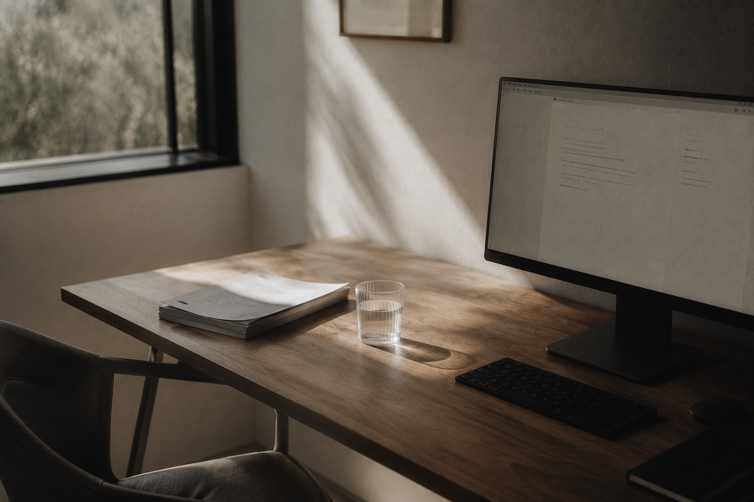 Organised workspace beside a sunlit window