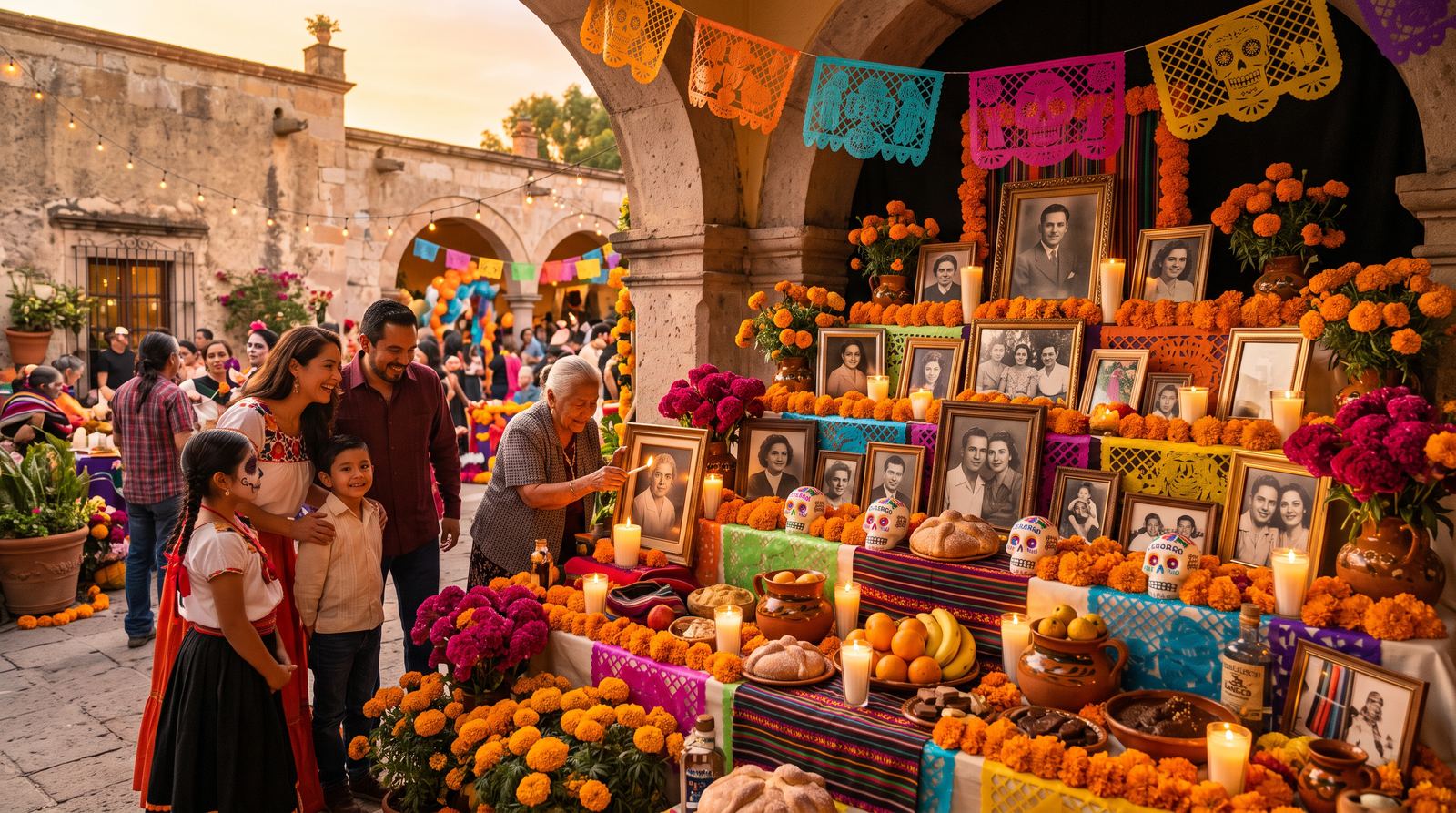 A grandmother lights a candle at a family ofrenda banked with marigolds and framed portraits, while a family with two children in traditional dress look on