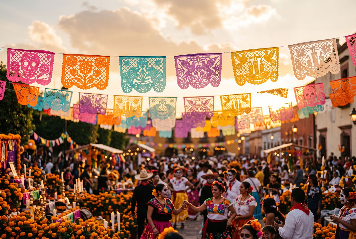 Rows of cut papel picado in pink, orange, turquoise and purple strung above a crowded plaza at sunset, skulls, doves and candles cut into the paper