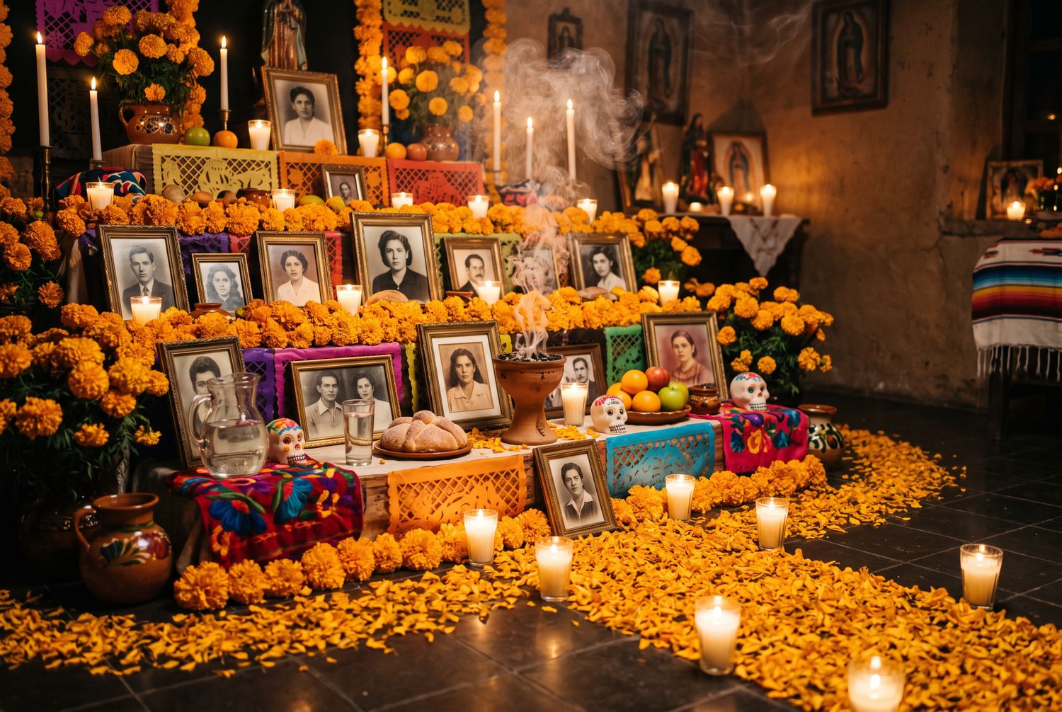 A tiered ofrenda of framed black-and-white portraits banked in marigolds, copal smoke rising from a clay burner, with a path of marigold petals and candles leading away across the floor