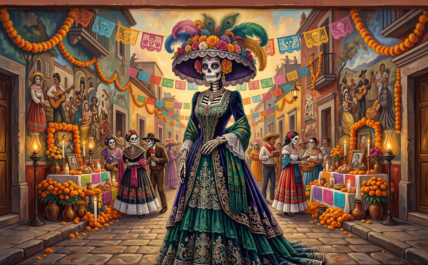 A painted illustration of La Catrina in a plumed lace hat and embroidered gown, standing in a street lined with ofrendas and mourners in Catrina makeup