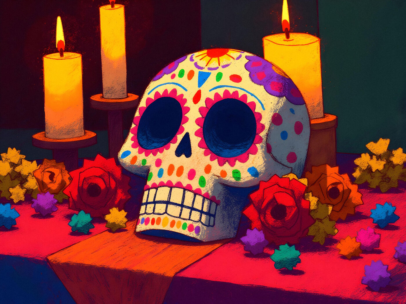 Painted sugar skull surrounded by lit candles and paper flowers