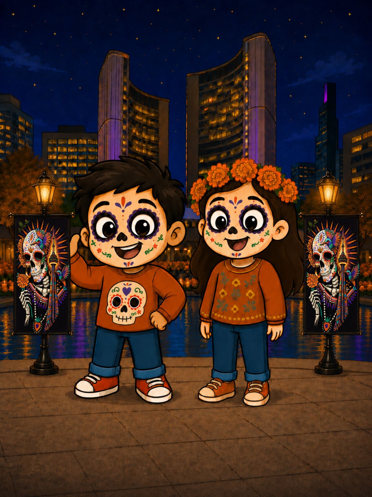 Illustrated Calaveritas Pavilion mascots: two children with painted faces at Nathan Phillips Square
