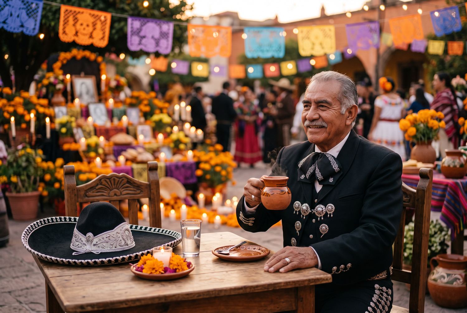 A charro in an embroidered suit drinking café de olla from a clay jarrito at a wooden table, his sombrero beside him and a candlelit ofrenda behind