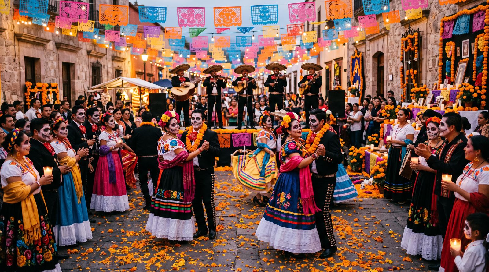 Couples in Catrina makeup and embroidered traje dancing in a street hung with papel picado, a mariachi band playing behind them beside a marigold-covered ofrenda