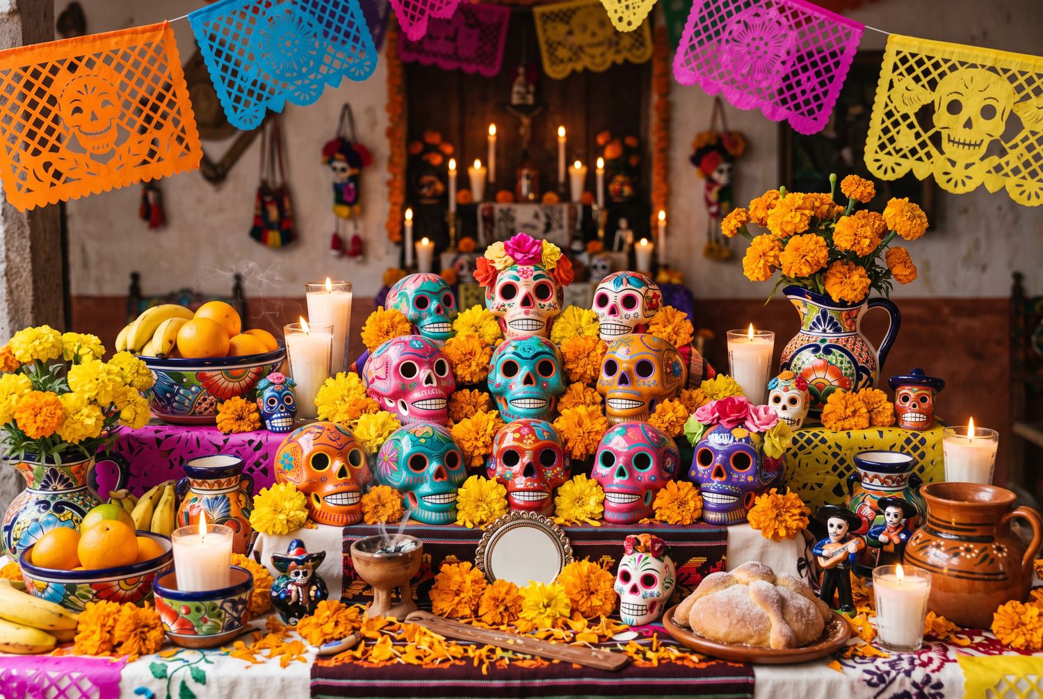 Rows of hand-painted ceramic sugar skulls banked with marigolds and candles on a home altar, papel picado strung overhead