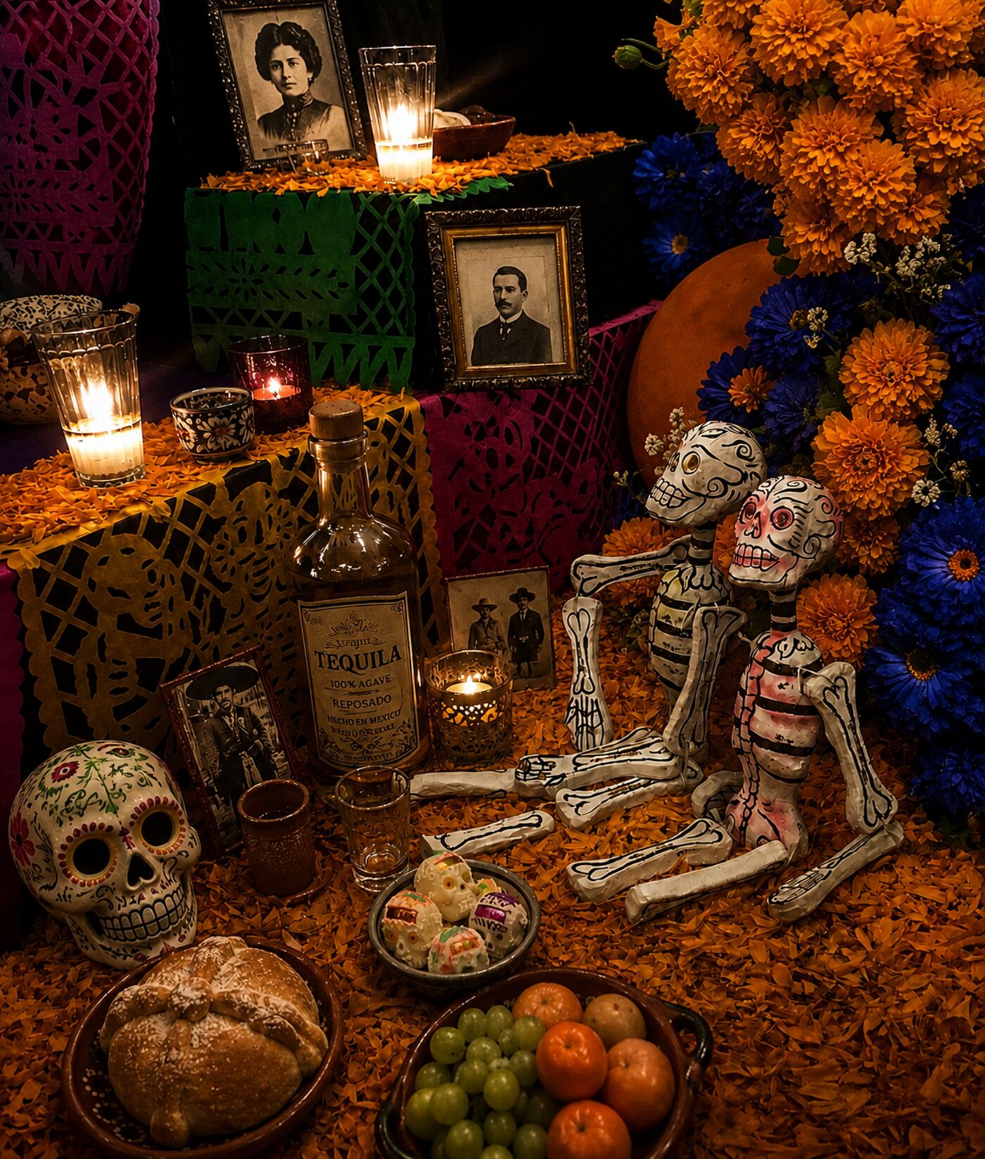 Ofrenda with framed photographs, candles, tequila, fruit, pan de muerto and marigolds