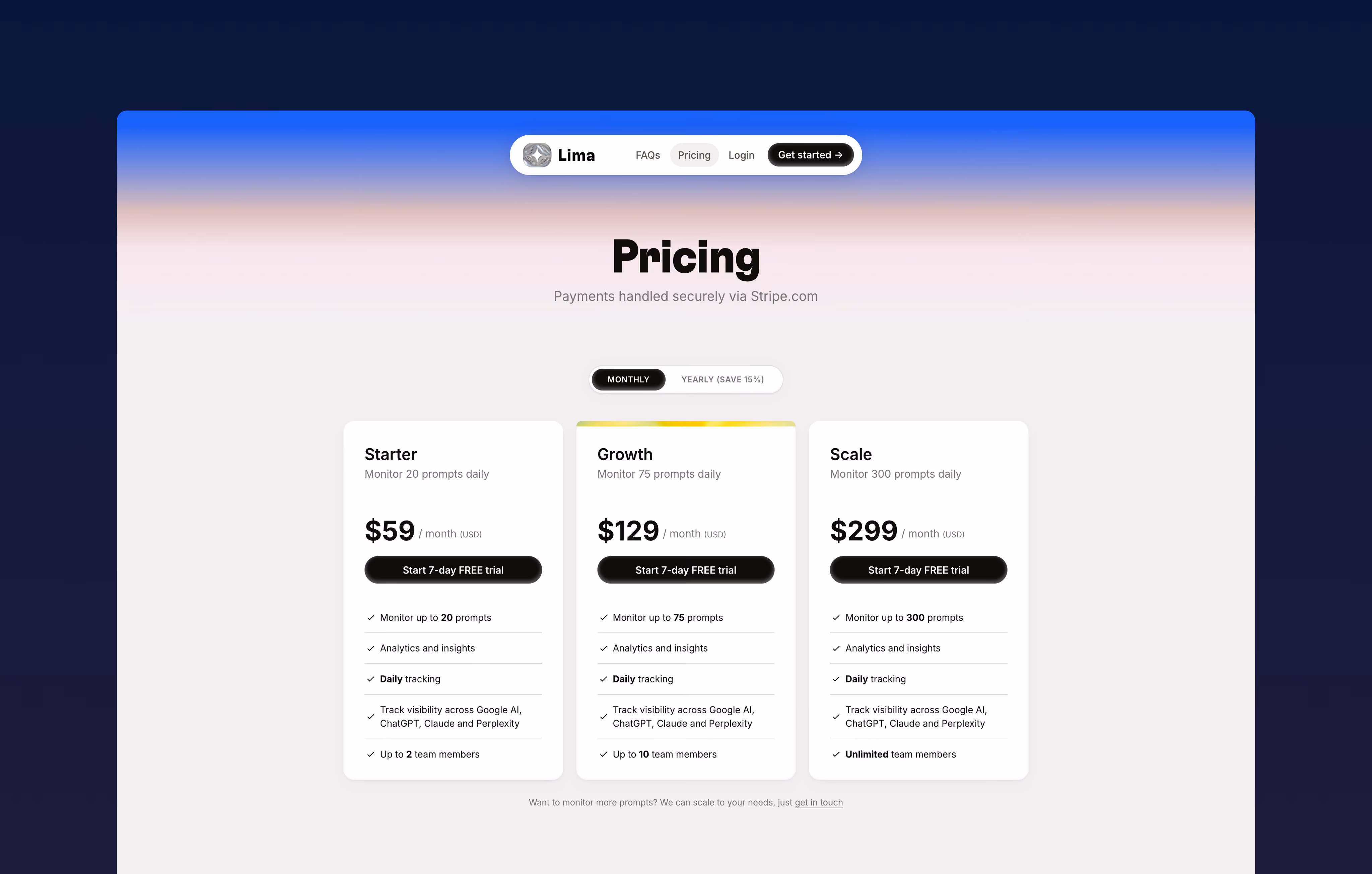 Lima pricing screen