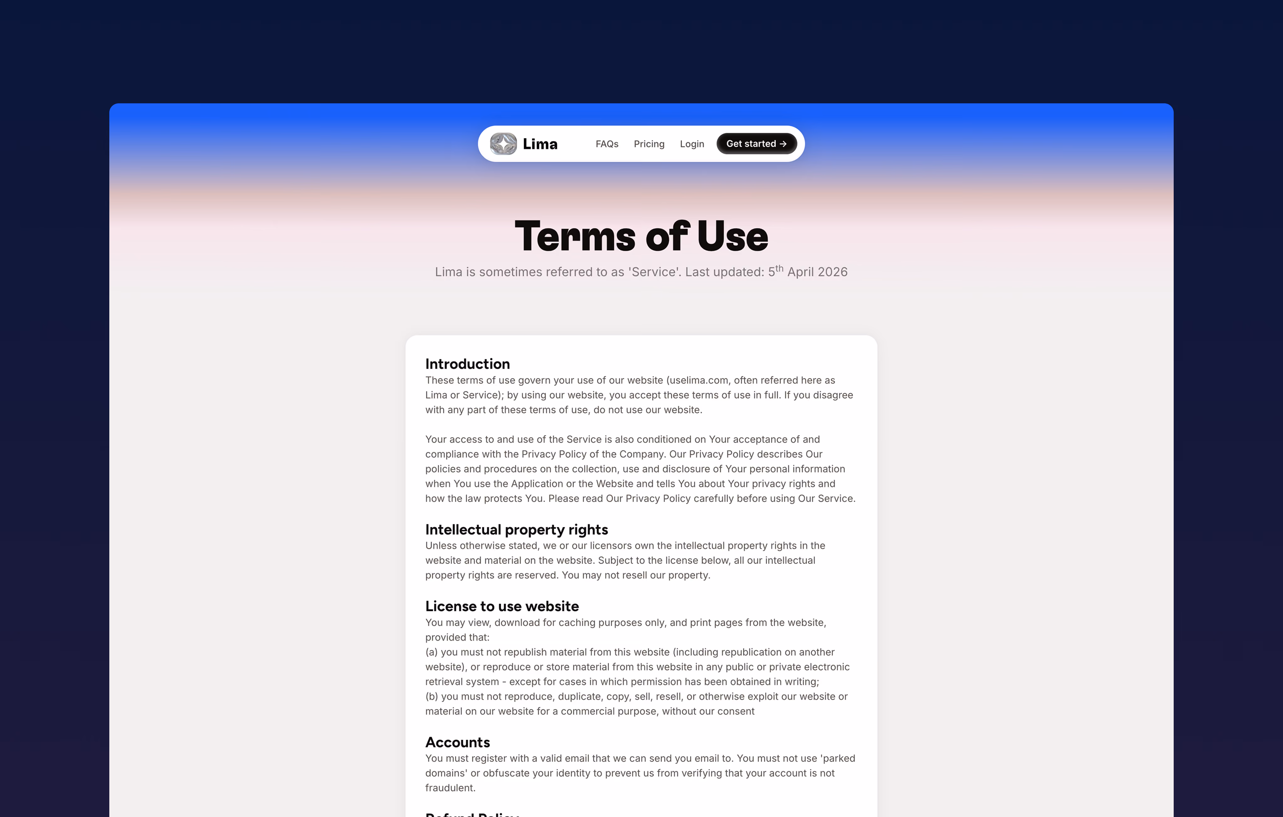 Lima Terms screen