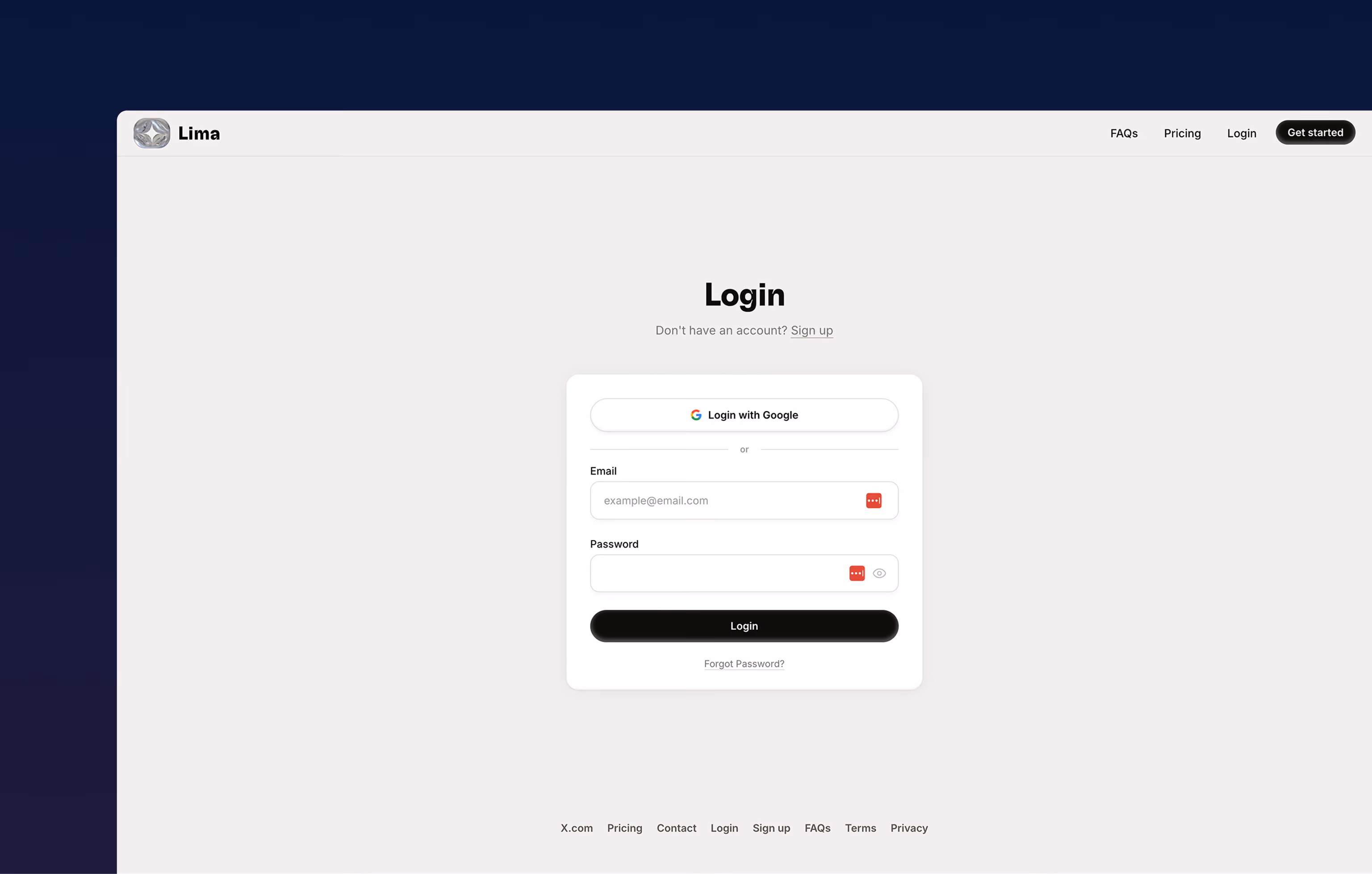 Lima login screen