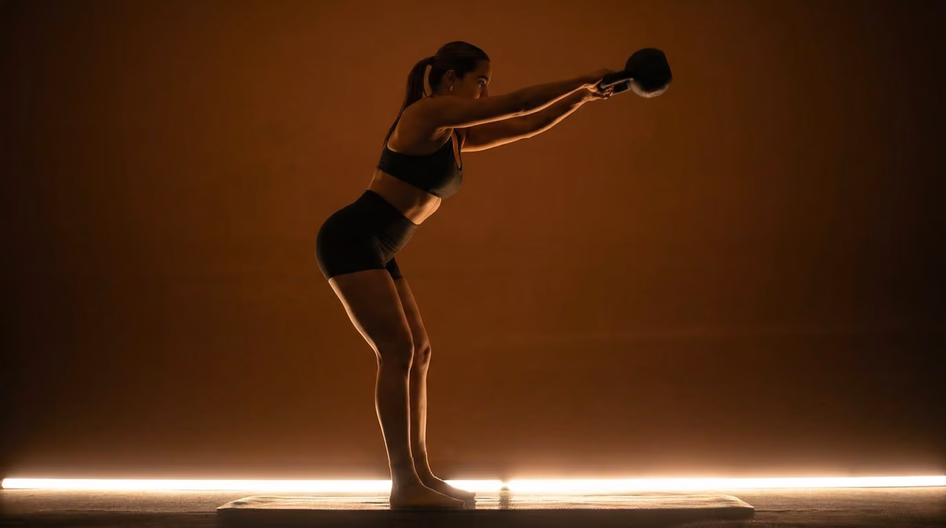 A woman swinging a kettlebell