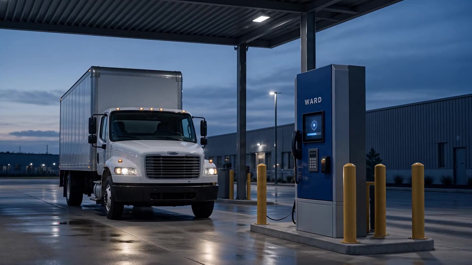 Fleet truck at a Ward fuel island at dusk
