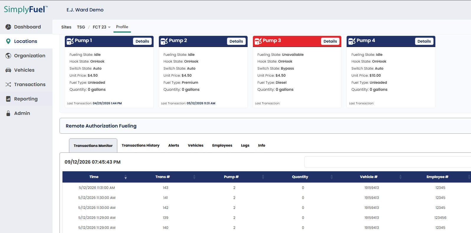 SimplyFuel dashboard showing live transactions, tank levels and pump status