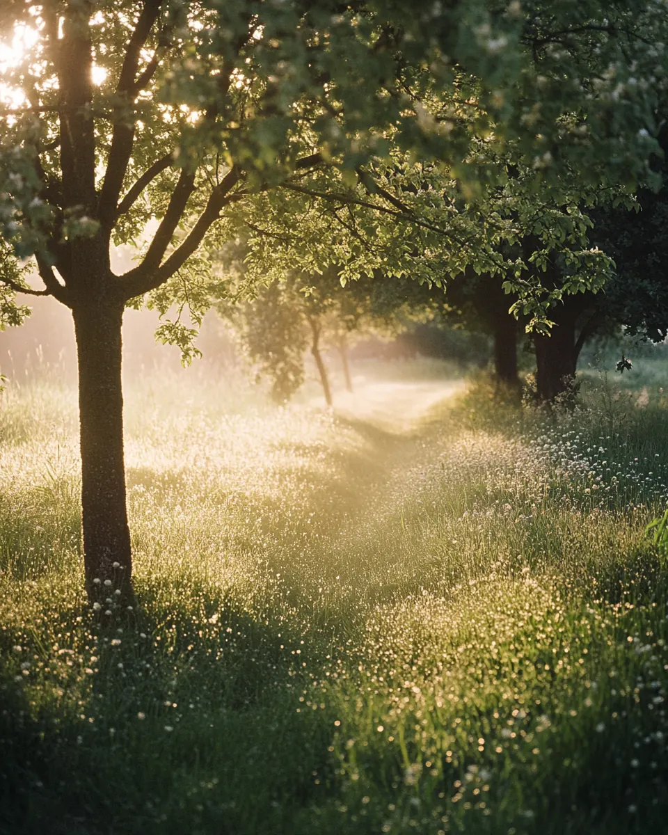 Mature garden meadow at early morning