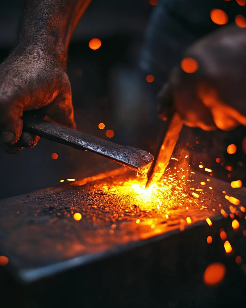 Blacksmith's hands forging a tool head, glowing steel
