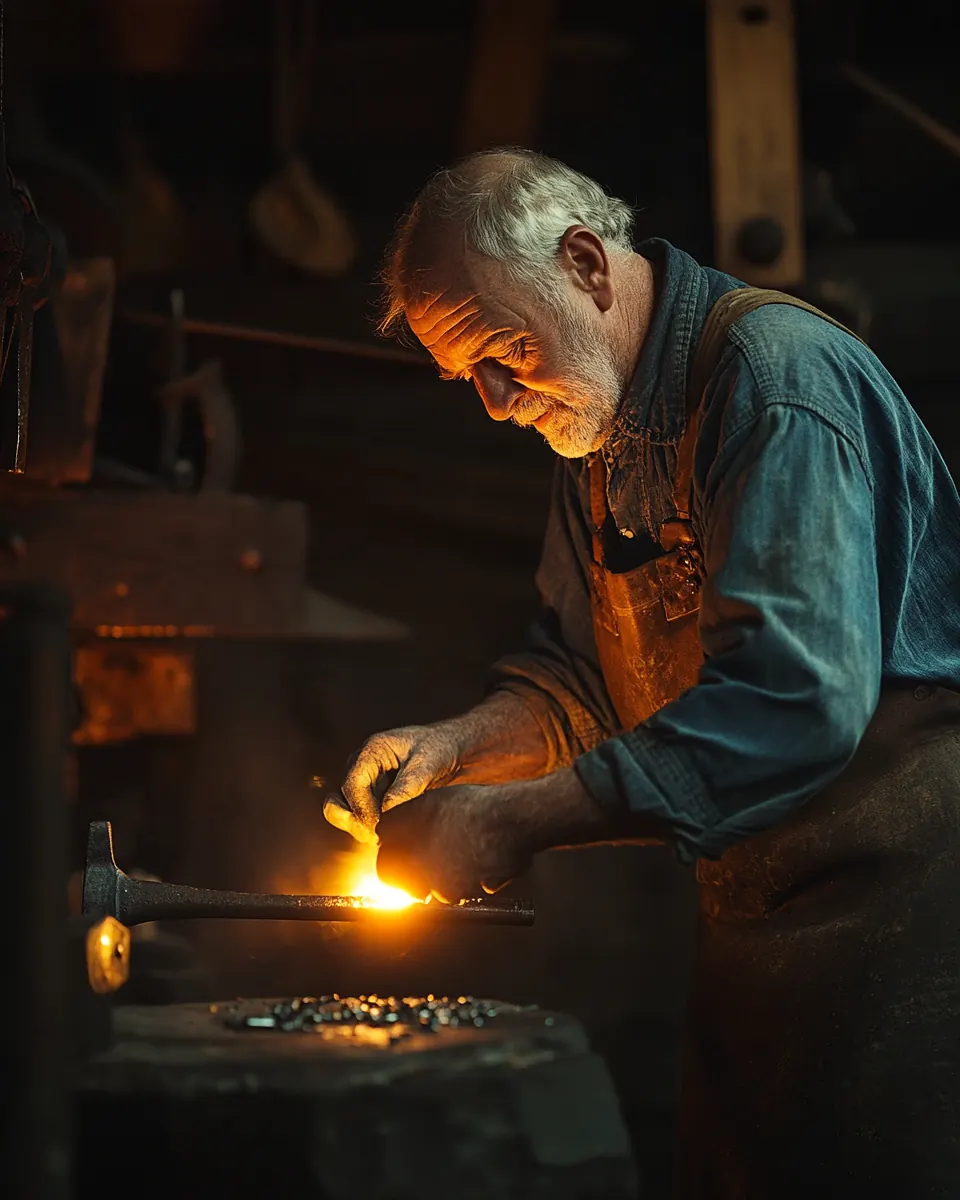 Blacksmith forging a tool head, glowing steel