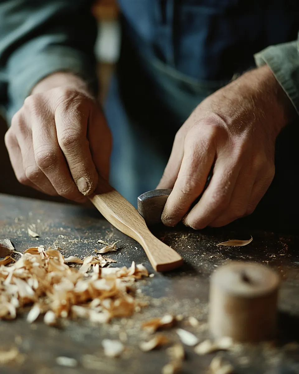 Craftsman fitting a wooden handle to a tool head