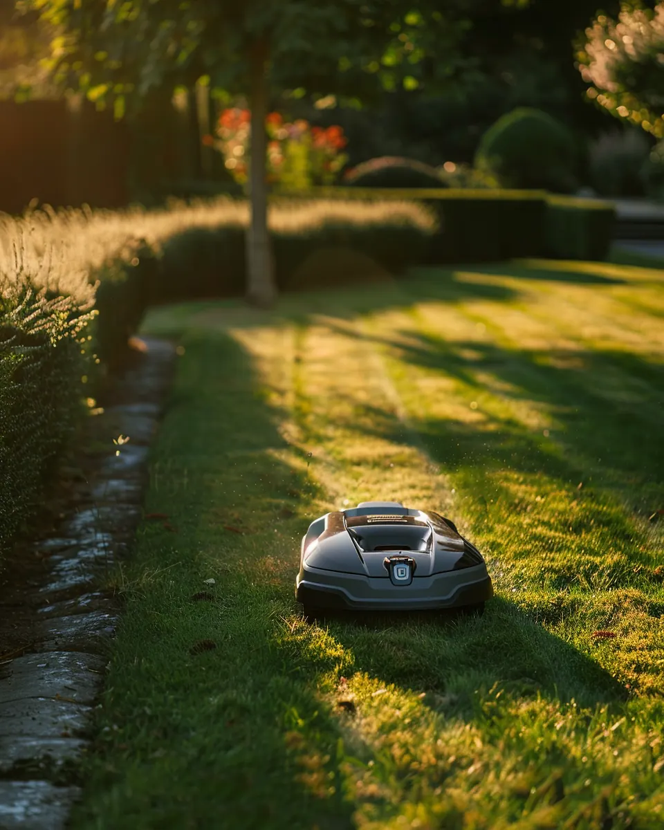 Compact robotic mower crossing a manicured lawn at sunrise
