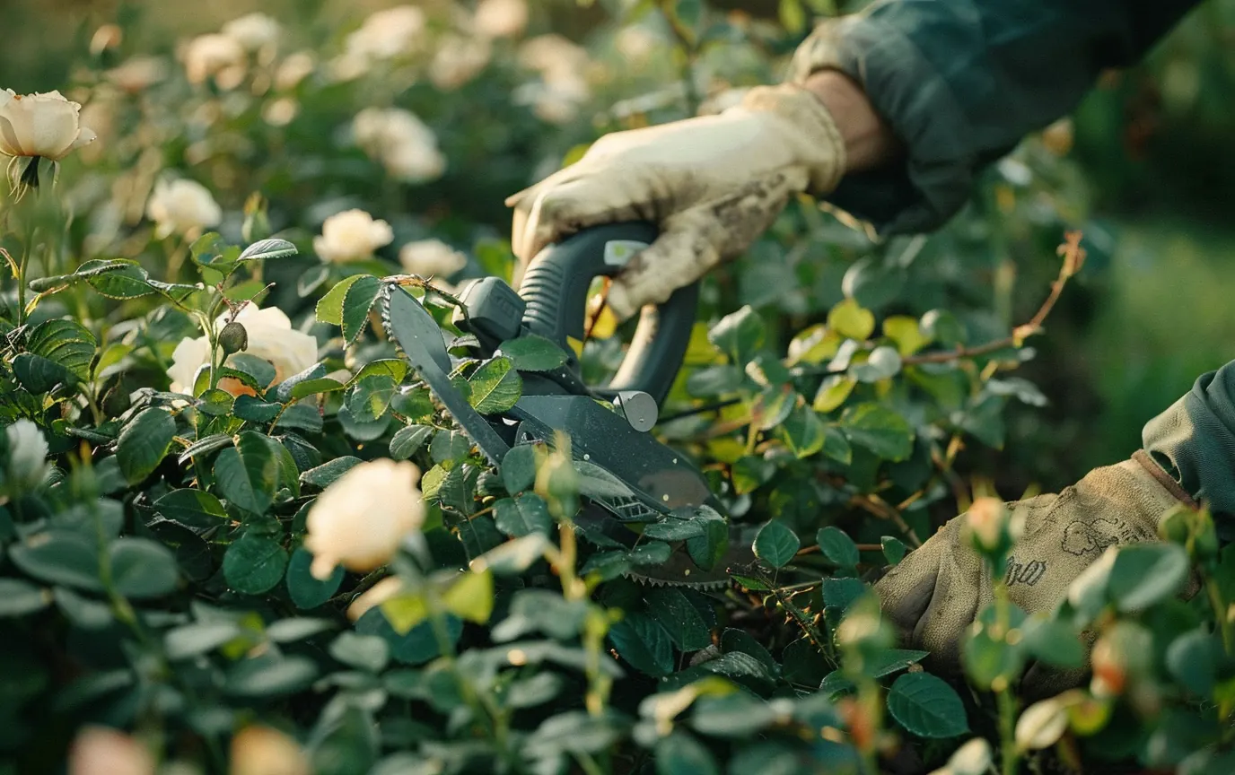 Gardener using a cordless pruning tool on a rose bush