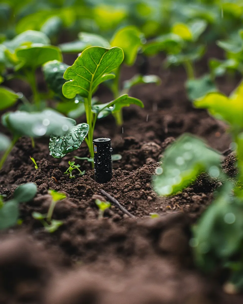 Soil moisture sensor placed in a cultivated garden bed