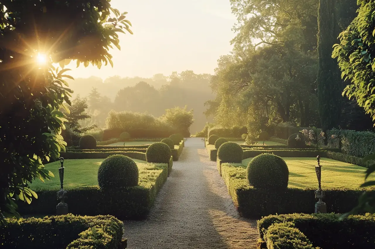 Formal clipped garden with box topiary at sunrise