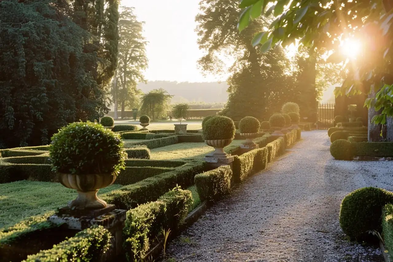 Gravel path through a formal clipped garden with urns and hedges