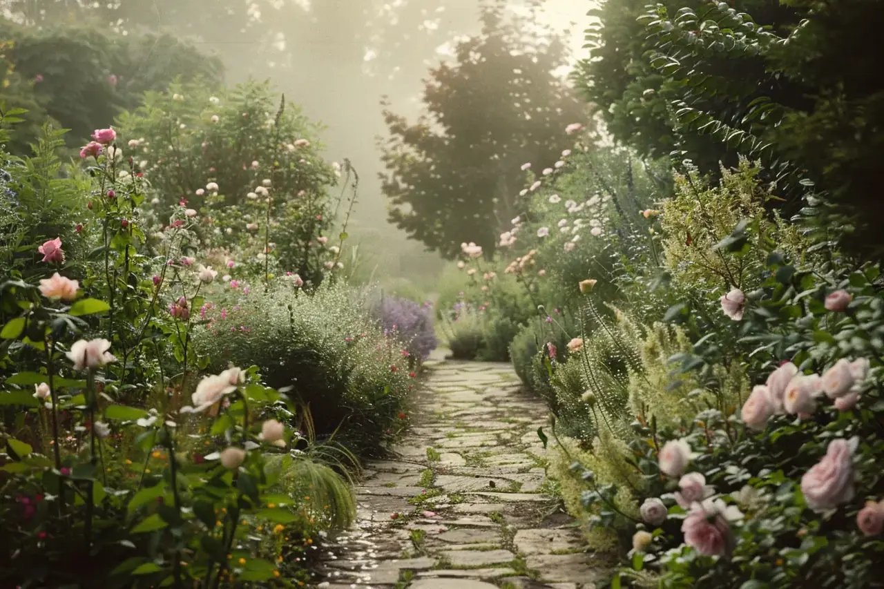 Mixed rose and perennial border along a stone path