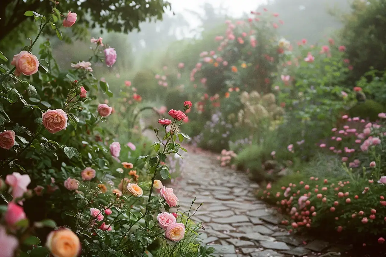 Close-up of roses and perennials in a misty garden border