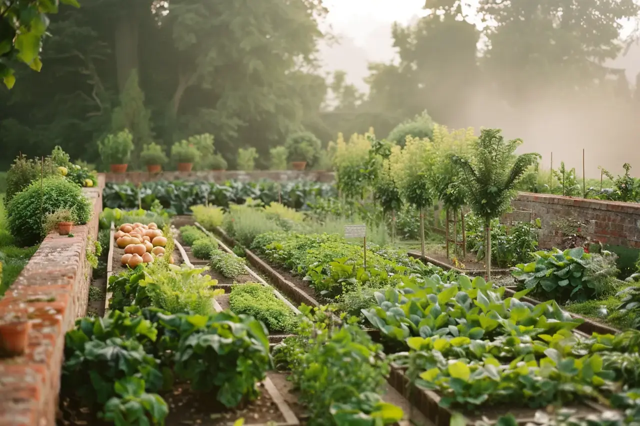 Walled kitchen garden with vegetable beds and fruit trees