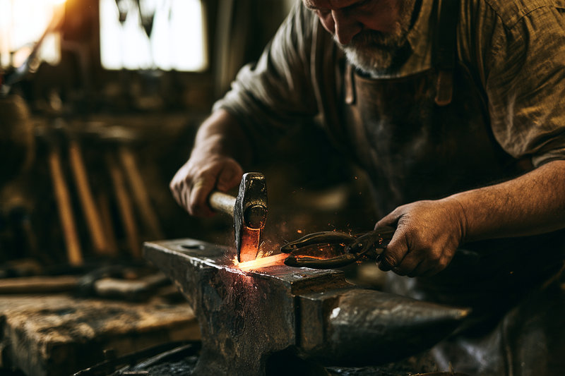 Blacksmith forging a tool head, glowing steel