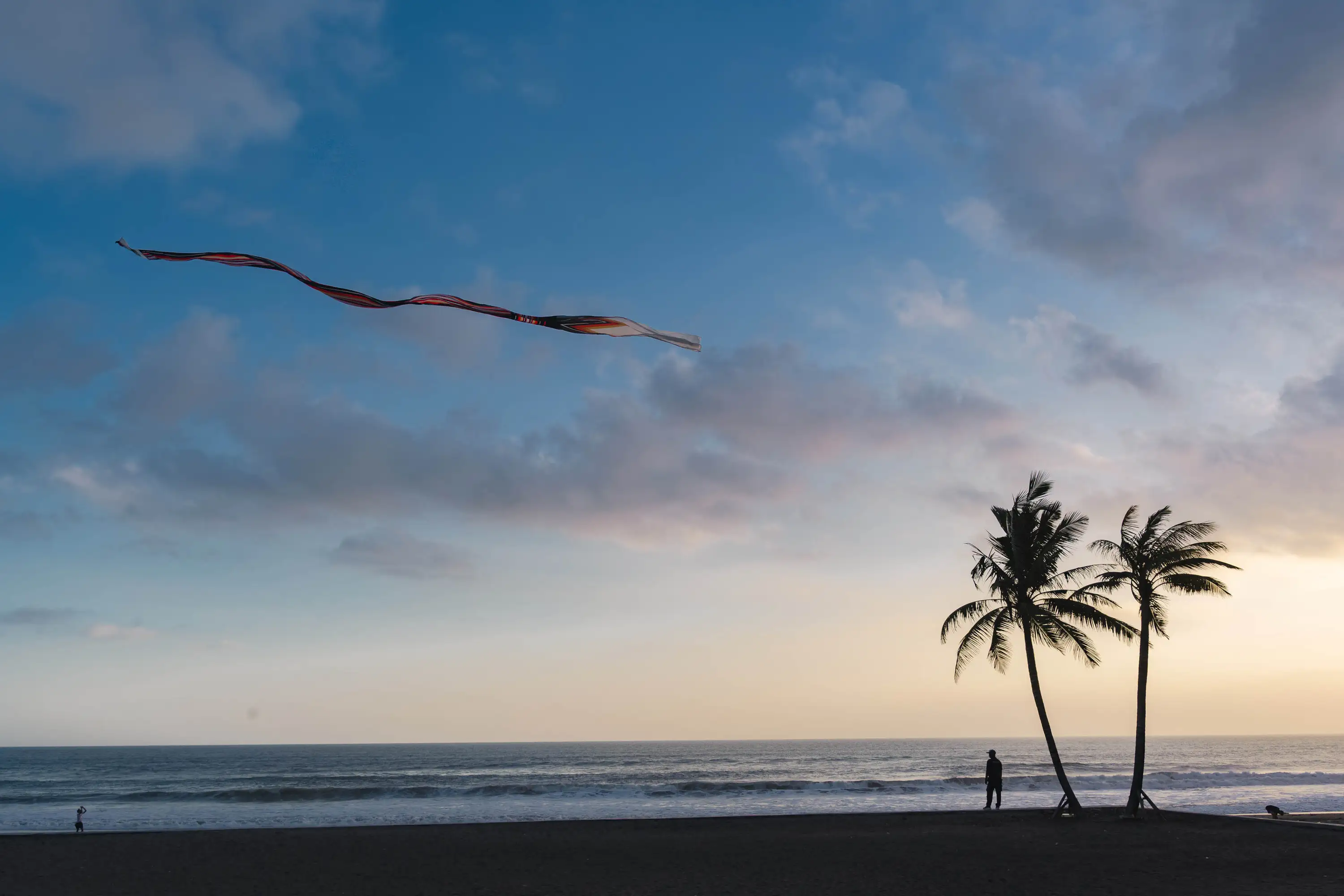 Person flying a kite on the beach at sunset with palm trees silhouetted