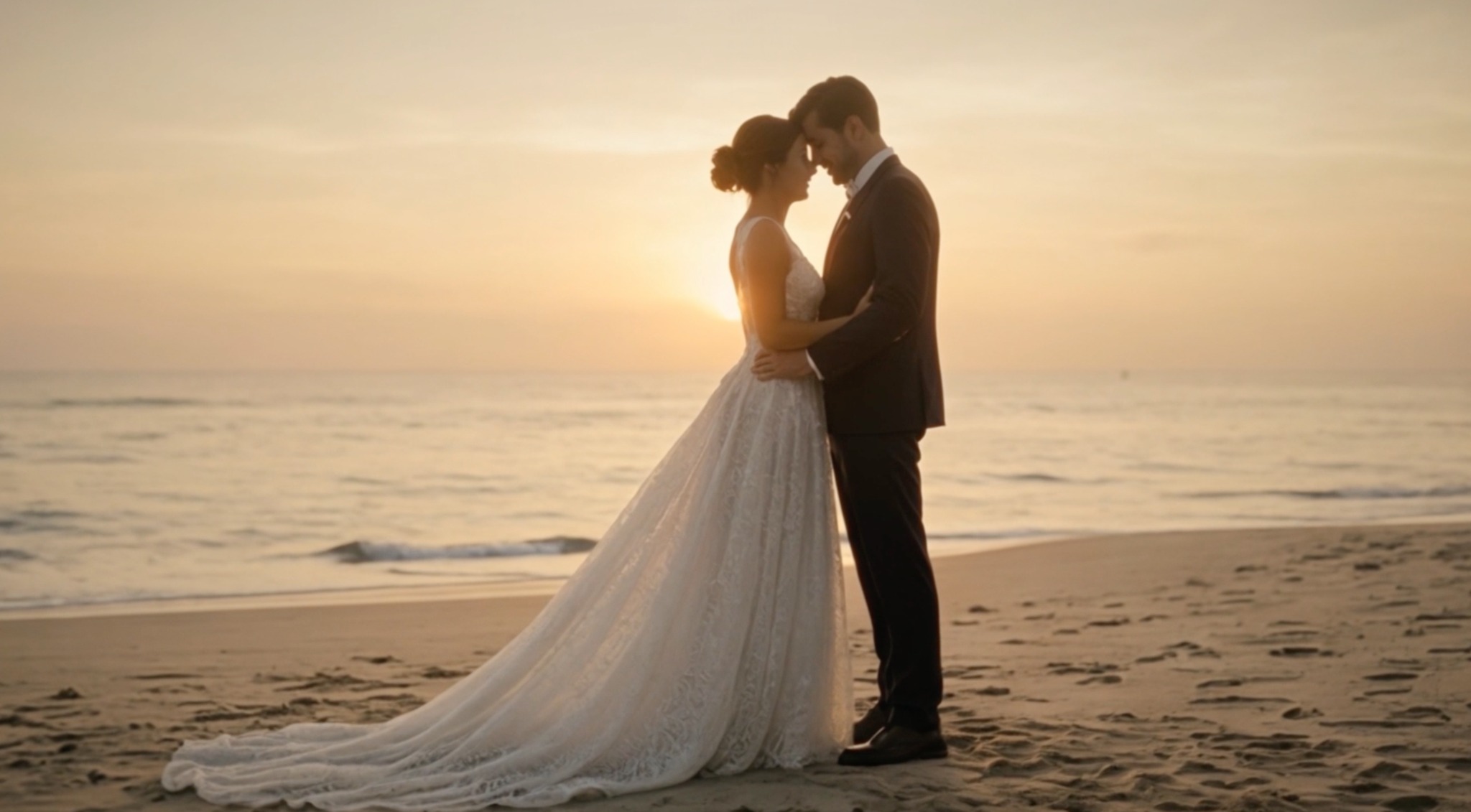 Couple embracing on the beach at sunset