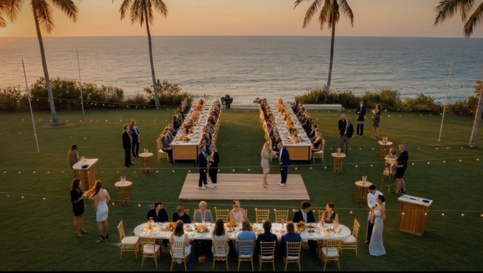 Aerial view of a long banquet dinner set up on the oceanfront lawn at sunset
