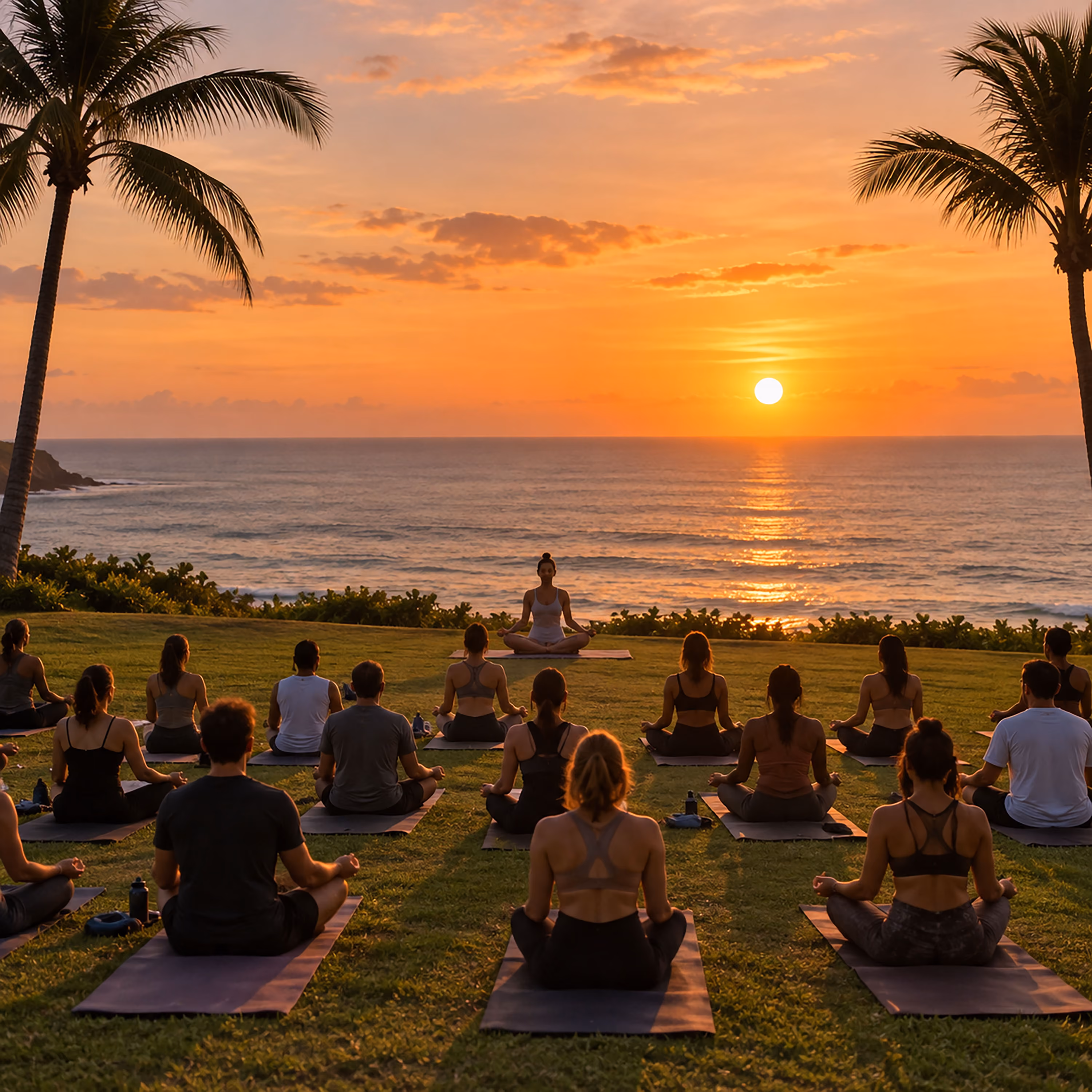 Group meditation session on the lawn at sunset, facing the ocean