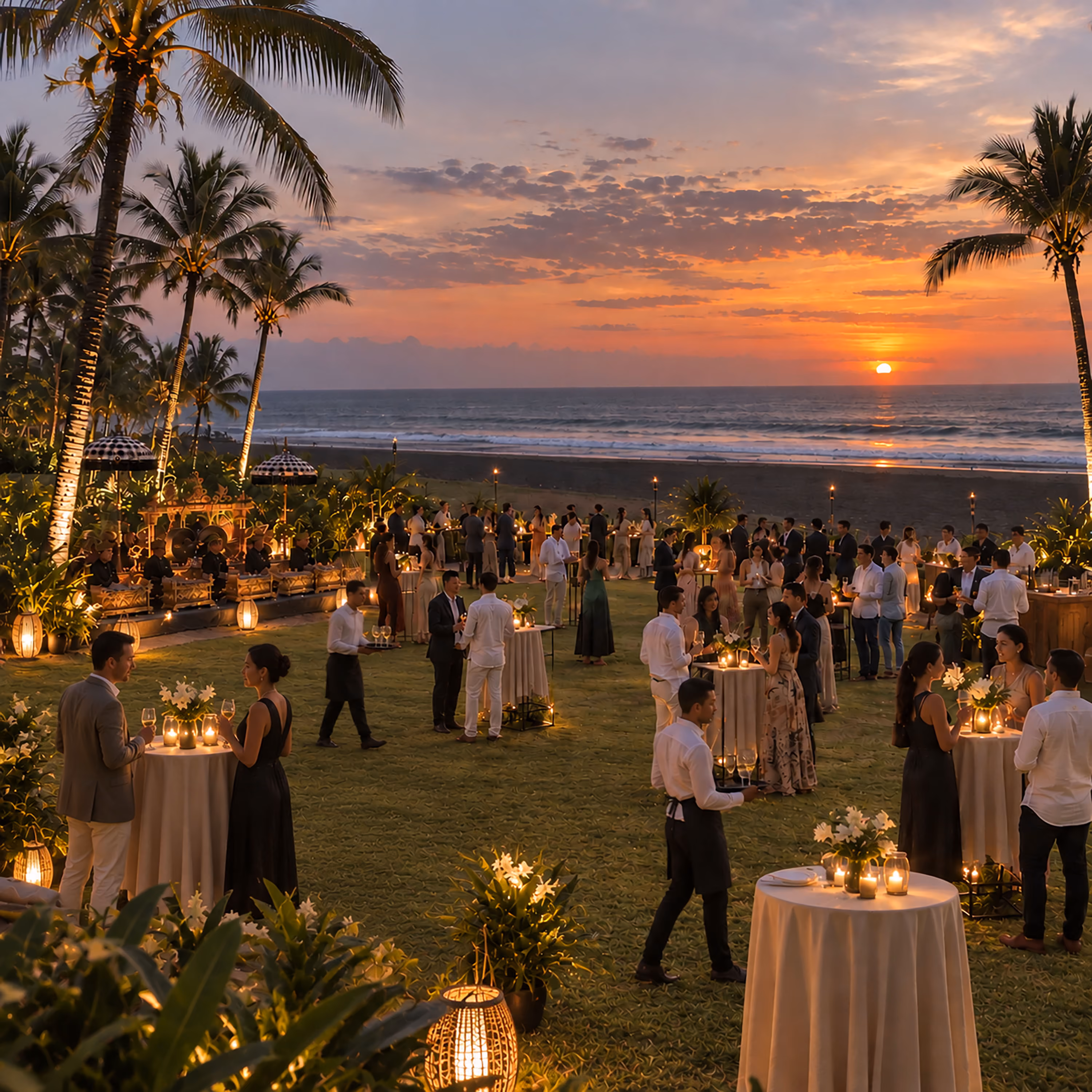 Guests mingling at an oceanfront cocktail reception at sunset