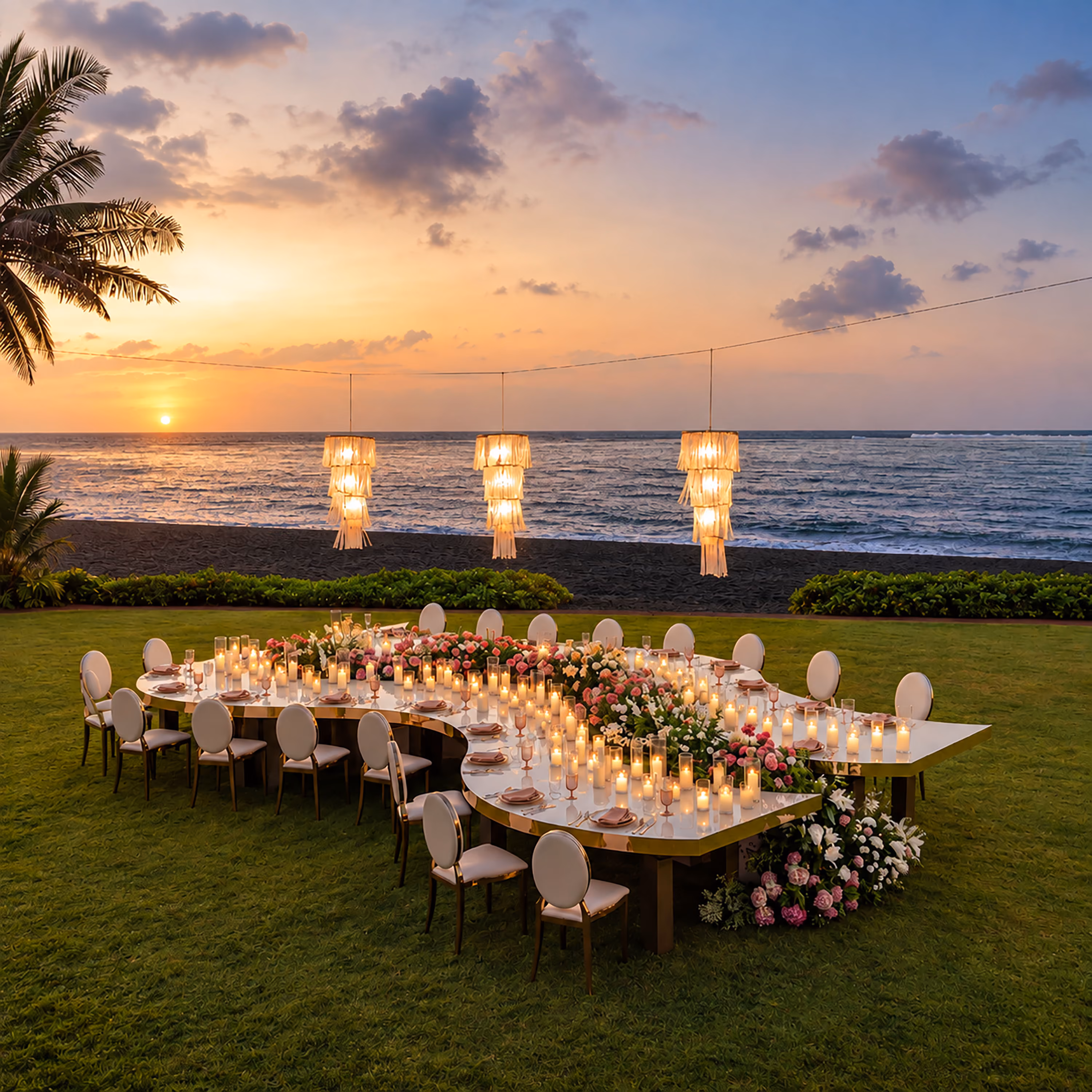 Curved reception table set with candles and florals on an oceanfront lawn at sunset
